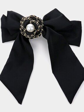 Pearl & Faux Leather Braided Flower Oversized Bow Barrette